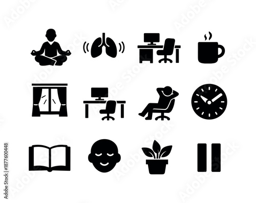 Office Zen Icons. Office Zen. Solid icon set of Office Zen: meditative office worker, calm breathing icon, empty workspace, coffee mug still, soft light