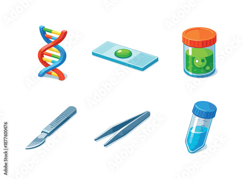 Biology Equipment Grid. Biology Equipment. Isometric flat vector icons set of biology equipment: DNA helix model, microscope slide, specimen jar, scalpel,