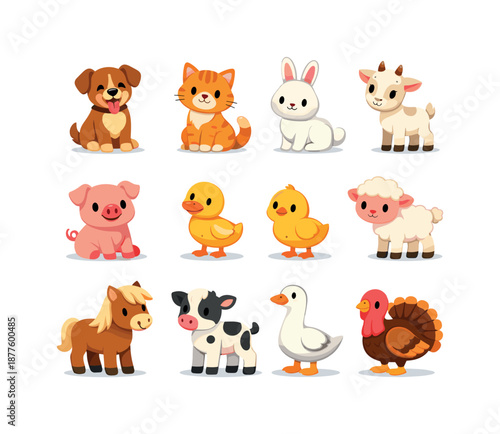 Colorful Farm Pets. Farm Pets. Colorful flat vector icons set of Farm Pets: friendly dog, cuddly cat, fluffy rabbit, gentle goat kid, playful piglet, curious