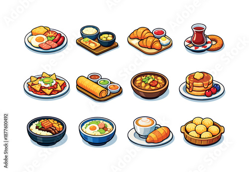 Global Breakfast Icons. trying global breakfast traditions. Colorful isometric vector icons set of trying global breakfast traditions: English breakfast plate,