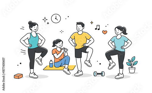 Group Fitness Motivation. Fitness class workout. A small group exercising together with an instructor showing simple movements. Calm energy, healthy routine,