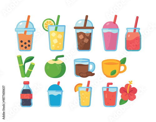 Street Drink Icons. Street Drinks. Colorful flat vector icons set of Street Drinks: bubble tea cup, fresh lemonade, iced coffee cup, fruit smoothie, sugarcane