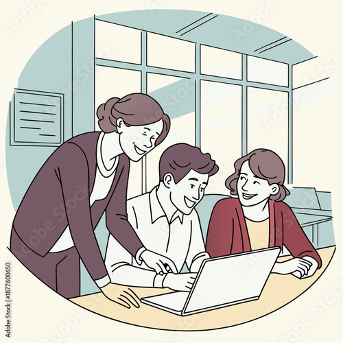 Three colleagues collaborating on a laptop in a modern office environment. An illustration depicts three individuals, two women and one man, engaged in a collaborative activity around a laptop