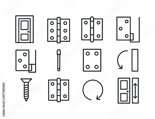 Wooden Door Icon Set. wooden door. Line icon set of wooden door: door hinge detail, top hinge, bottom hinge, side hinge, hinge pin, hinge plate, pivot point,