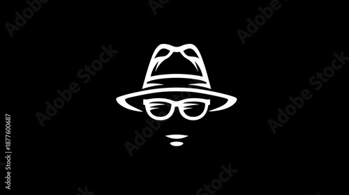 A white silhouette of a person wearing a hat and glasses with a black background