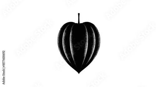A black and white illustration of a stylized fruit with a stem against a plain white backdrop