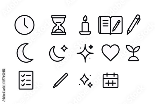 Countdown Ritual Icons. Countdown reflection ritual. Line icon set of Countdown reflection ritual: clock, hourglass, candle, journal, pen, moon, stars,