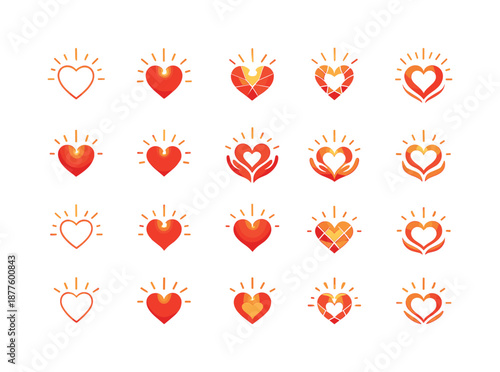 Grateful Heart Icons. grateful heart. Icon set. Set Logo of grateful heart: glowing heart icon. harmonious logo variations of the same emblematic concept, each