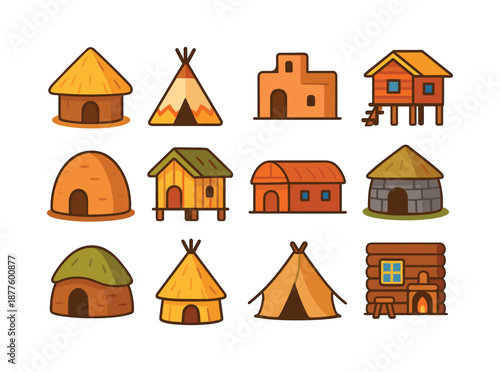 Traditional Dwellings Icons. Traditional dwellings. Colorful flat vector icons set of traditional dwellings: thatched hut, teepee tent, clay home, stilt house,