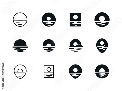 Lakeside Logo Variations. Lakeside. Icon set. Set Logo of Lakeside: calm lake horizon line. harmonious logo variations of the same emblematic concept, each