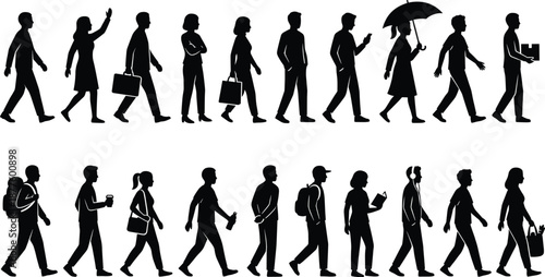 People silhouette collection showing walking urban characters daily activities isolated black human figures vector illustration set lifestyle crowd scenes design