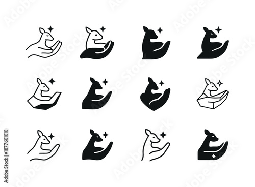 Wildlife Sanctuary Icons. Wildlife sanctuaries and animal care facilities. Icon set. Set Logo of Wildlife sanctuaries and animal care facilities: injured