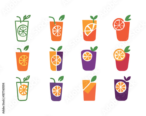 Colorful Cocktail Icons. A collection of colorful cocktails garnished with fruit and herbs. Icon set. Set Logo of colorful cocktails garnished with fruit and