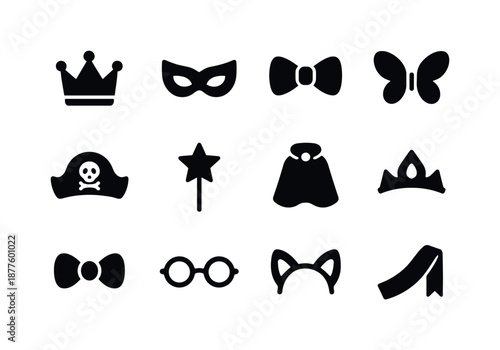 Party Costume Icons. Kids at a birthday party. Solid icon set of costumes & dress-up: crown, superhero mask, bow tie, fairy wings, pirate hat, wand star, cape,