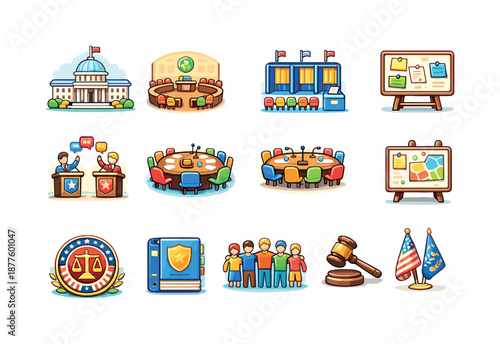 Colorful Political Icons. Political Structures. Colorful flat vector icons set of Political Structures: parliament building, council chamber, voting hall,