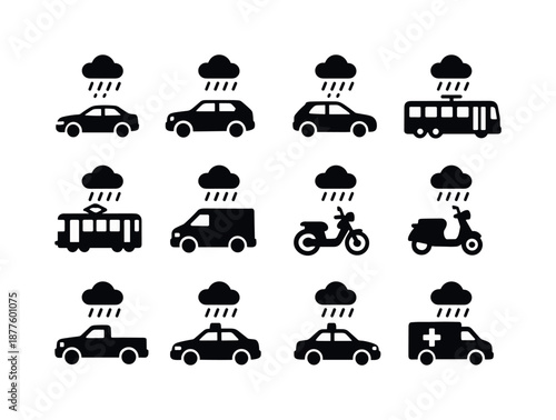 Rainy Day Vehicles Icons. Rainy Day vehicles. Solid icon set of rainy day vehicles: sedan, SUV, hatchback, city bus, tram, delivery van, motorcycle, scooter,