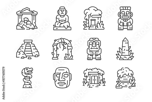 Stone monkey serpent icons vector icon temple hidden ruins gate vine pyramid