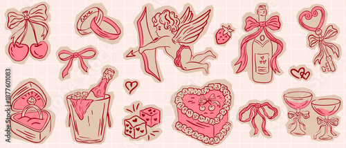 Cut out scrapbook wedding elements. Hand drawn whimsical bows, ribbons, cupid, cocktails, cake. Vector torn craft paper illustrations for wedding or valentine day card invitation.