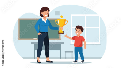 Cartoon illustration of a teacher and student in a classroom with a trophy and a blackboard