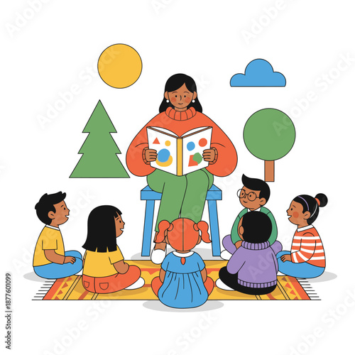 Woman reads a book to a group of children sitting on a colorful rug outdoors
