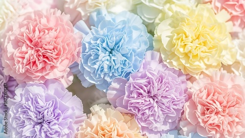 A vibrant close up of colorful carnation flowers in pastel shades