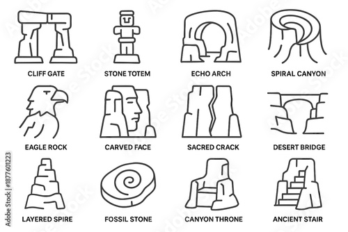 Vector stone ancient carved set totem spire desert bridge icon canyon layered
