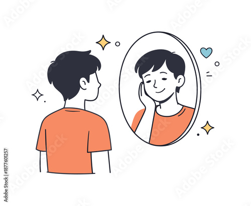 Self-Reflection and Acceptance. Positive self acceptance. A person looking at their reflection with a soft smile, simple mirror shape and light decorative