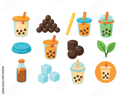 Colorful Boba Icons. Boba Tea. Colorful flat vector icons set of Boba Tea: milk tea cup, tapioca pearls, bubble tea straw, iced boba drink, sealed cup lid,