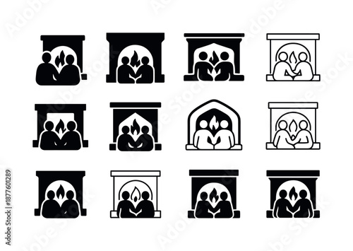 Fireside Logo Variations. People enjoying a warm fire in the fireplace. Icon set. Set Logo of people enjoying a warm fire in the fireplace: intimate fireside