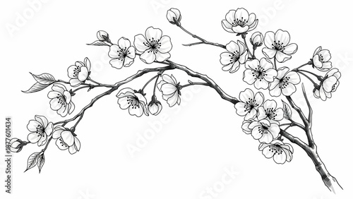 Exquisite hand-drawn flower illustration of a blossoming branch, featuring delicate spring petals and emerging buds, capturing a serene, organic, and elegant artistic style