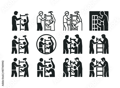 Father-Son Building Icons. A father and son working together on a home improvement project. Icon set. Set Logo of A father and son working together on a home