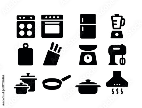 Culinary Equipment Icons. Culinary equipment. Solid icon set of culinary equipment: stove icon, oven, refrigerator, blender, food processor, cutting board,