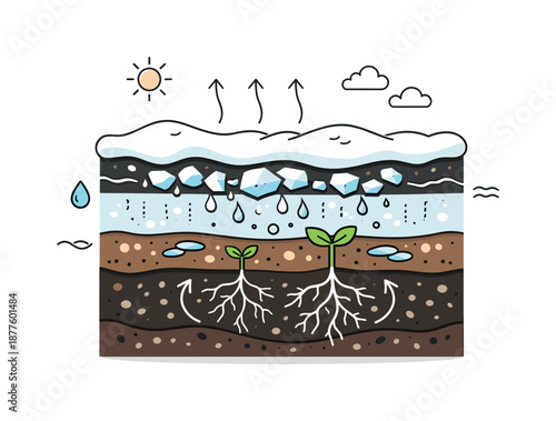Thawing Soil Illustration. Thawing ground detail illustration. Cross-section of soil showing ice turning into water and roots starting to grow. Clean