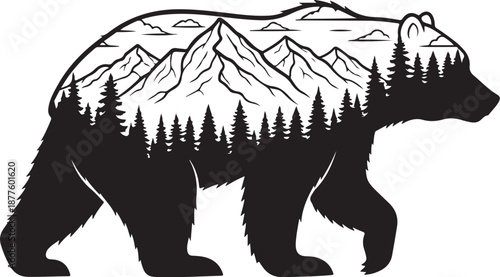 Black bear silhouette with mountain forest landscape inside body