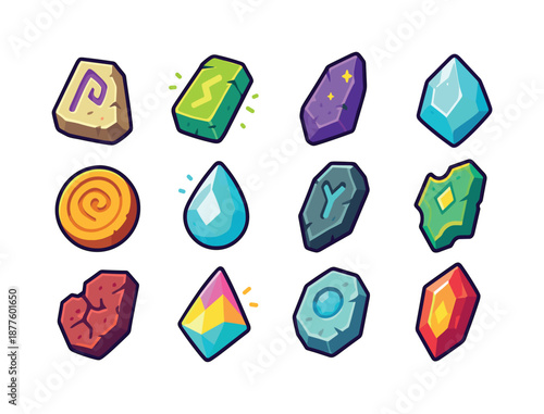 Fantasy Relic Shards. Fantasy relic shards. Colorful isometric vector icons set of fantasy relic shards: ancient rune fragment, glowing relic chip, enchanted