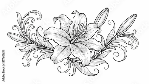 Elegant lily flower tattoo design with ornate swirls, a beautiful floral motif perfect for body art and decoration