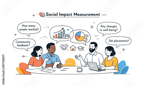 Collaborative Metrics Discussion. Social impact measurement. Team discussing people-focused metrics with dialogue bubbles and charts, friendly collaboration