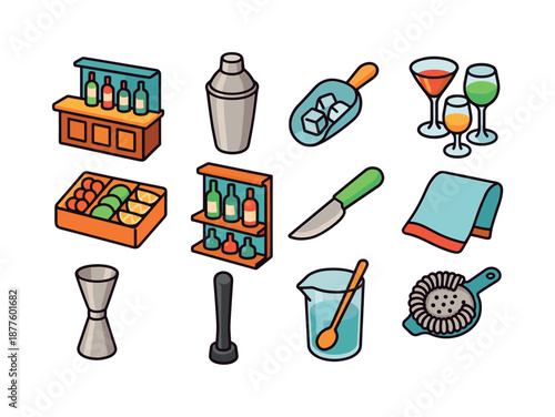 Colorful Cocktail Icons. Cocktail bar. Colorful isometric vector icons set of cocktail bar: bar counter, shaker tin, ice scoop, glass trio, garnish tray,