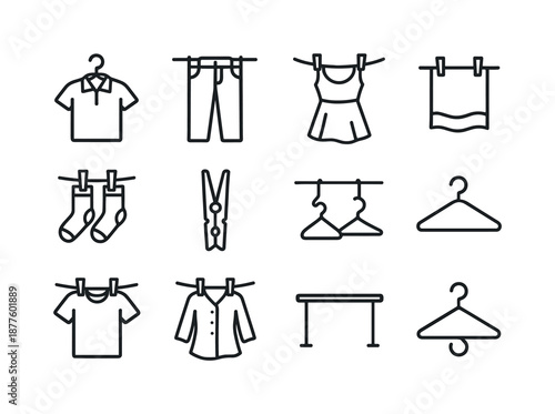 Clothing Line Icons. Hanging clothes. Line icon set of Hanging clothes: shirt on hanger, pants on rack, dress drying, towel clipped, sock pair hanging, peg
