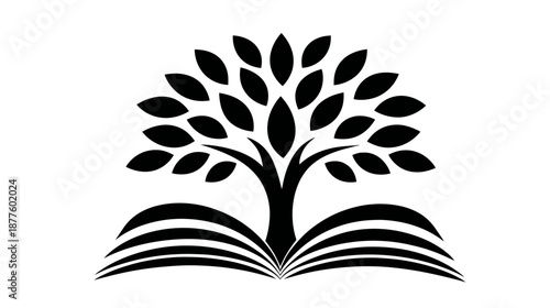 Stylized, minimalist logo depicting a tree rising from an open book, symbolizing knowledge and growth