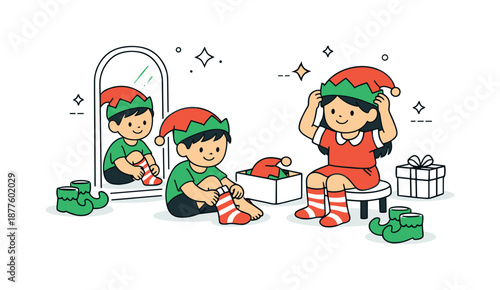 Children Elves Preparation. Children dressing as elves preparation. Children putting on striped socks and elf hats near a mirror. Cozy holiday routine and
