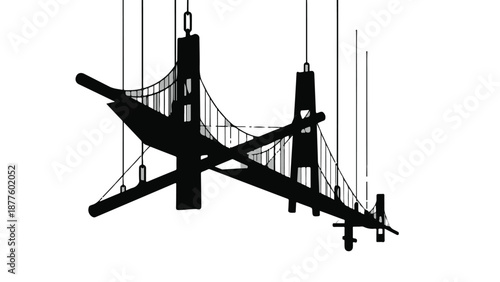 Dramatic silhouette of a suspension bridge against a stark background.
