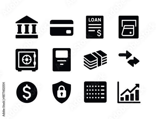 Banking Icons Set. Banking essentials. Solid icon set of banking essentials: bank building, debit card, loan form, deposit slip, money vault, ATM icon, cash