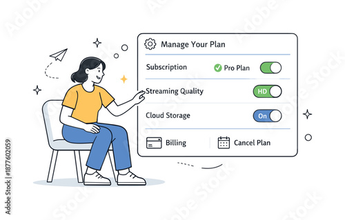 Interactive Plan Adjustment. User subscription self-service. A customer adjusting plan settings on a simple interface. Empowerment and ease of use, toggle