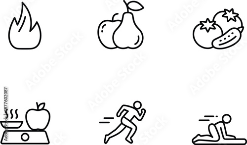 Outline lifestyle health icons set featuring fire fruits nutrition running exercise and wellness symbols for modern minimal vector design projects