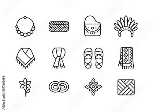 Cultural Accessories Icons. Cultural accessories. Line icon set of Cultural accessories: beaded necklace, woven bracelet, embroidered bag, headdress, shawl,
