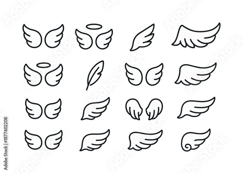 Line Art Angel Wings. Angel wings. Line icon set of angel wings: soft curved wing, highlight aura, drifting plume, delicate wing fan, floating halo curve, airy