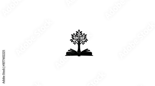 Black silhouette of a tree sprouting from an open book, symbolizing growth of knowledge
