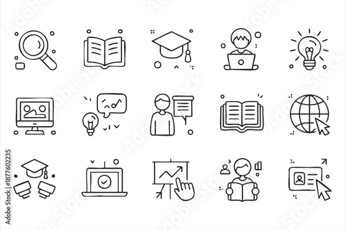 E-learning UI icons for students, courses and progress analytics