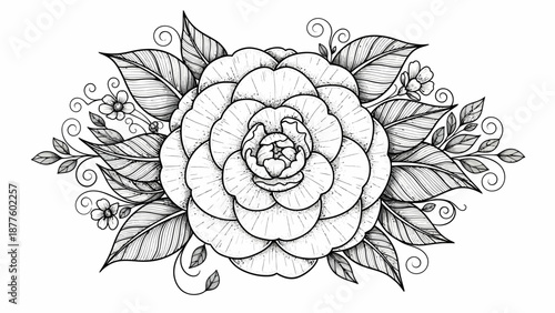 Exquisite hand-drawn monochrome flower illustration with intricate petals and elegant swirling leaves, perfect for sophisticated botanical designs and artistic decorative projects